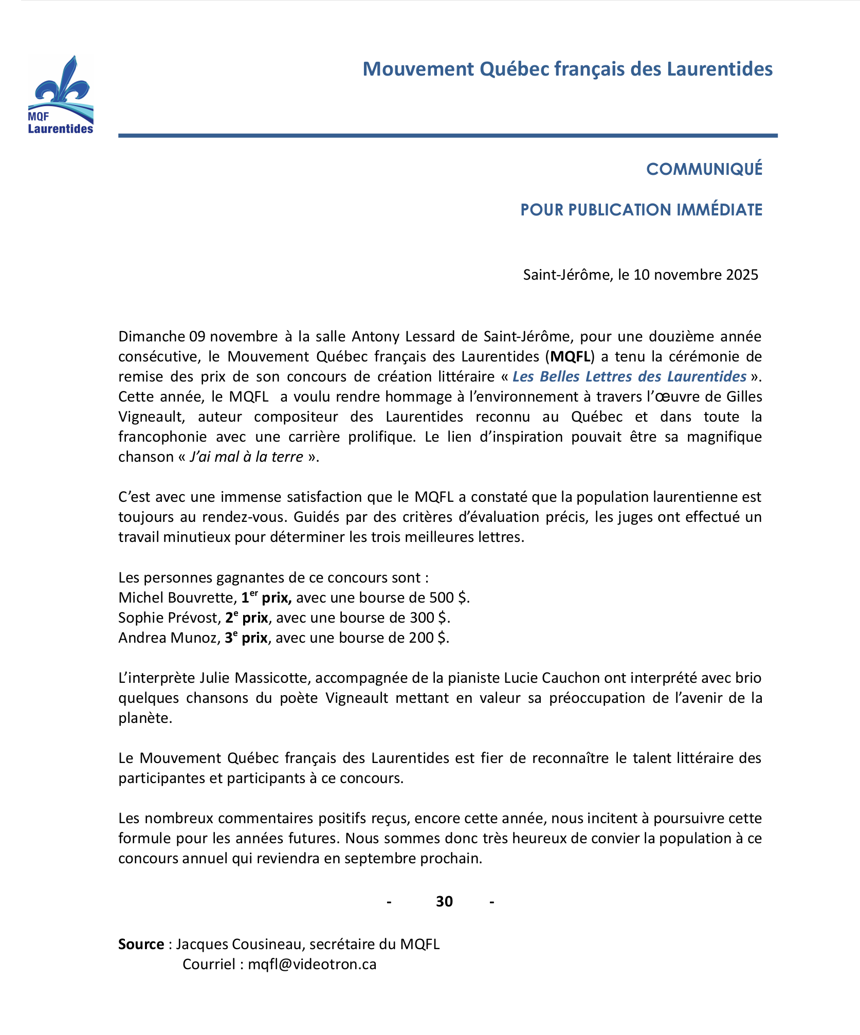Communique 10 novembre 2025 Les Belles Lettres des Laurentides 2025 Communique 10 novembre 2025 Les Belles Lettres des Laurentides 2025